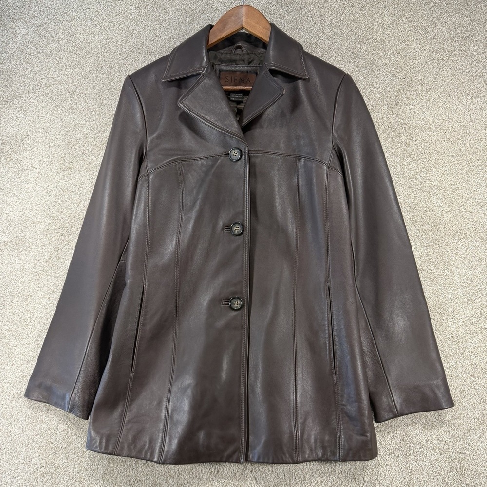 VTG 90s Siena Leather Jacket Sz S‎ Sleek Streetwear Chocolate Brown Moto Biker